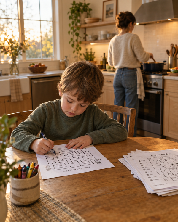 A boy doing a maze at the kitchen table while his mom cooks dinner