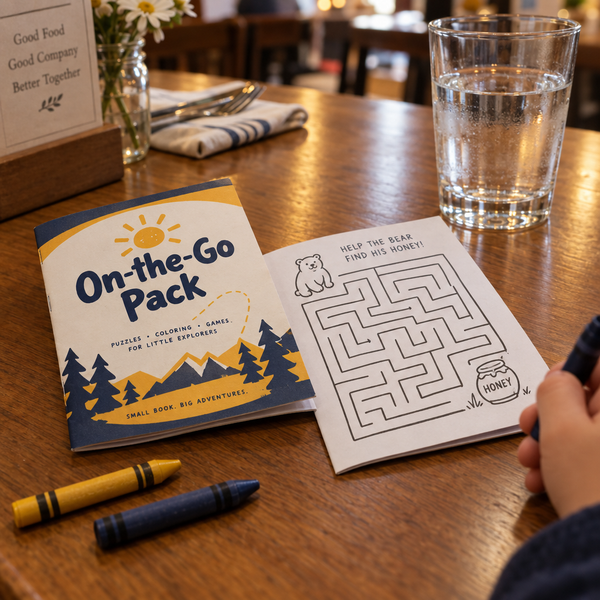 On-the-Go Pack pocket booklet on a restaurant table