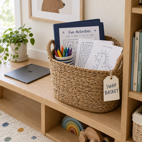 The Swap Basket with printed sheets and crayons next to a face-down tablet