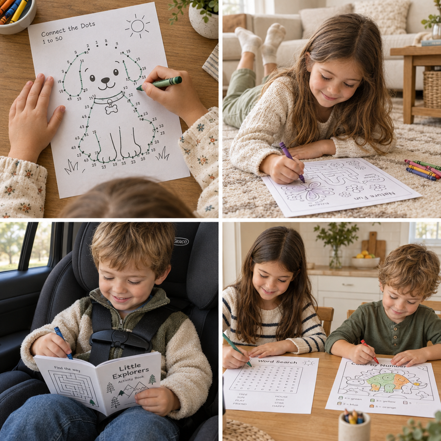 Children doing printed activities alone at the table, on a rug and in the car