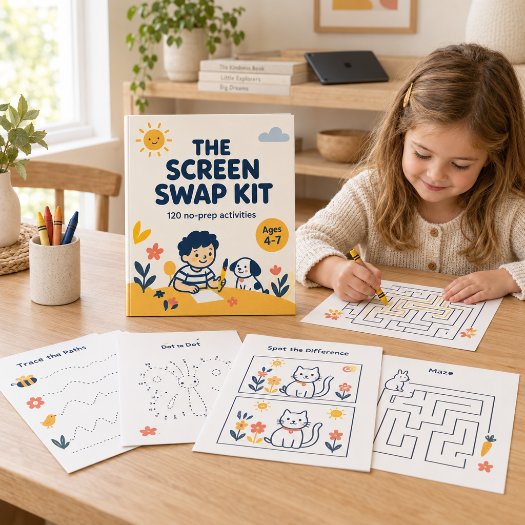 The Screen Swap Kit cover with printed activity sheets, a girl doing a maze on her own