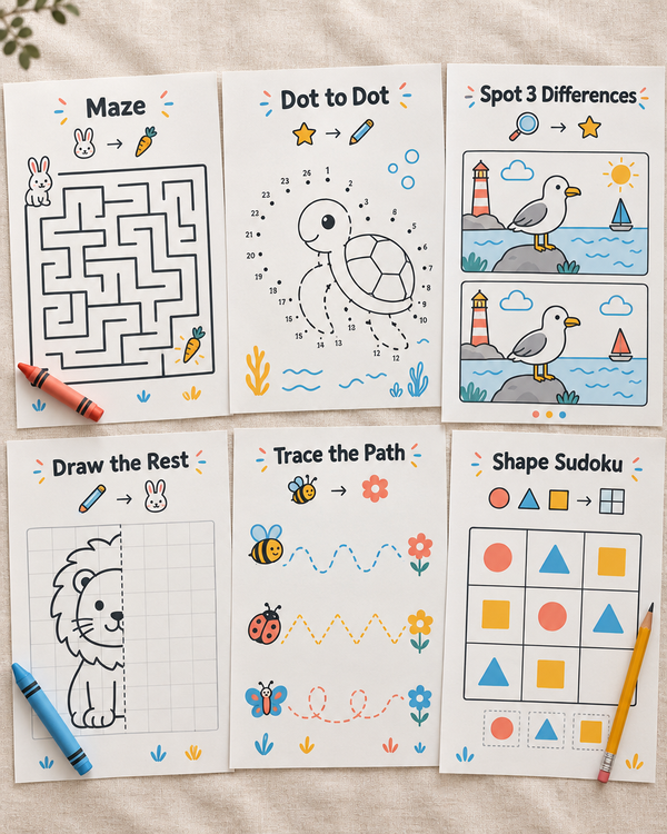 Six sample activity pages: maze, dot to dot, spot 3 differences, draw the rest, trace the path, shape sudoku
