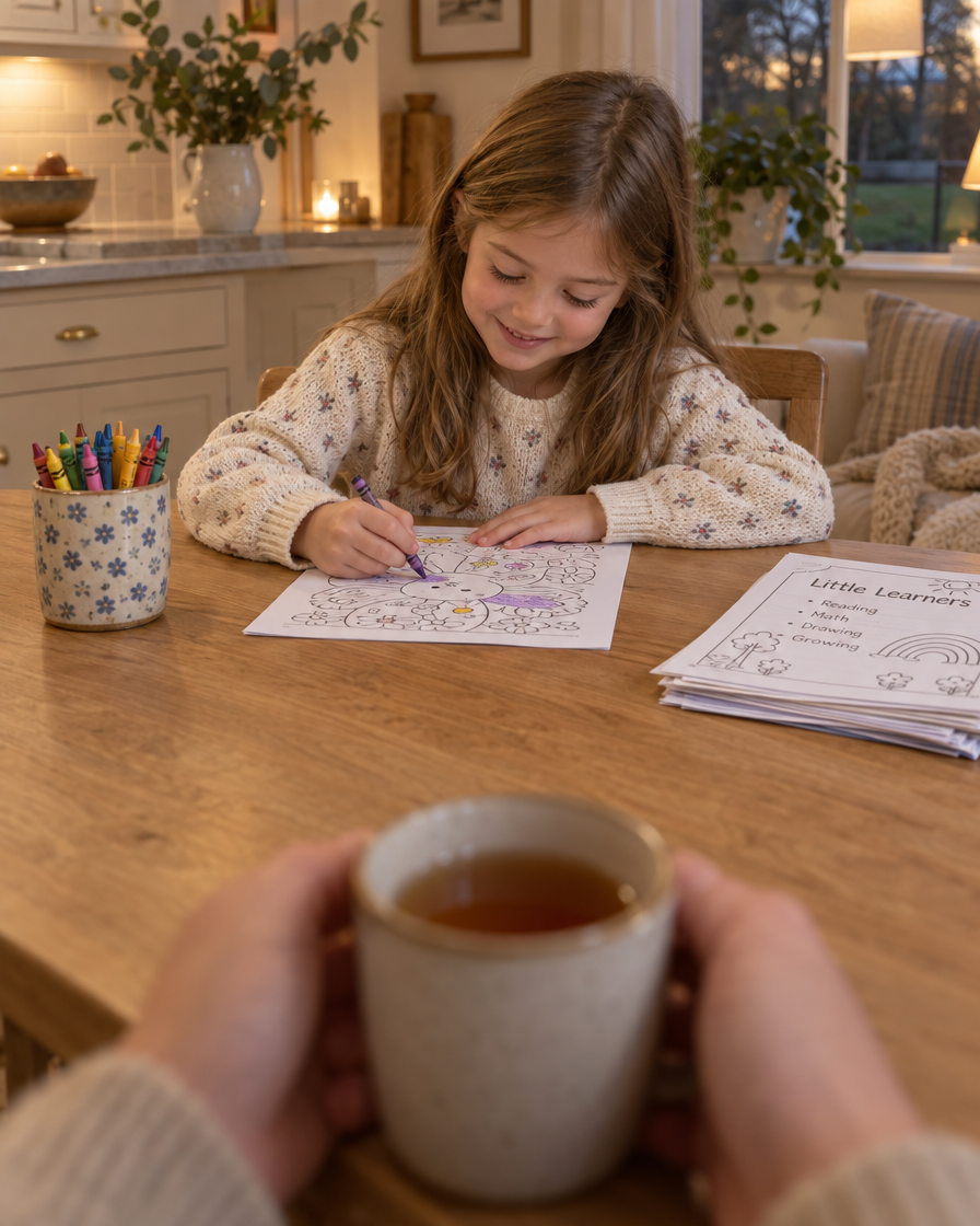 A parent holds a mug of tea while a girl colors an activity sheet